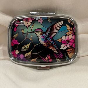 Stained Glass Hummingbird Travel Pill Box 2 Compartment Medicine Pill Case NEW